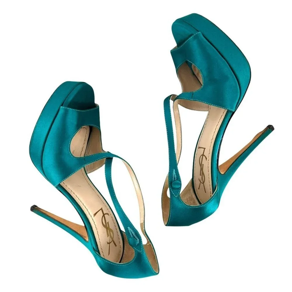 Saint Laurent Paris Turquoise Satin Tribute Cross Strap Platform Sandals Size 35 - Picture 5 of 11